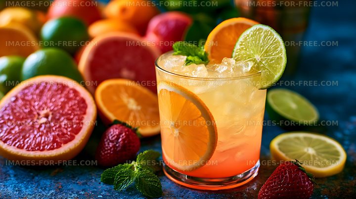 Refreshing citrus drink surrounded by fresh fruit