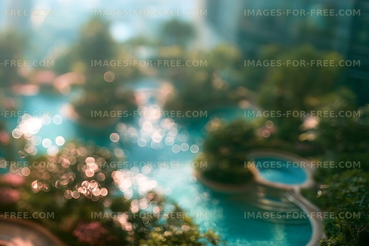 Dreamy abstract pool and garden with glowing bokeh