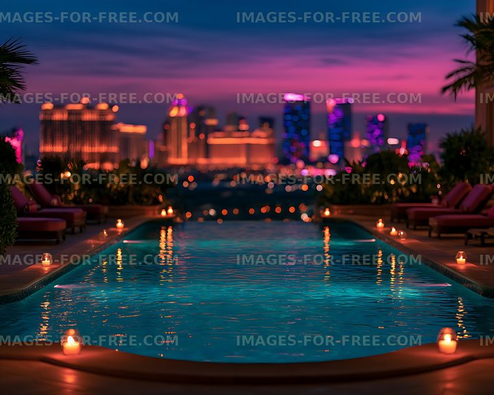 Rooftop swimming pool with city lights at sunset