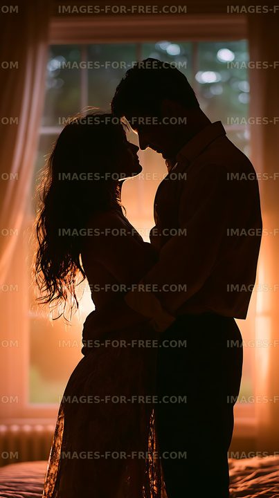 Romantic couple silhouetted in warm window light