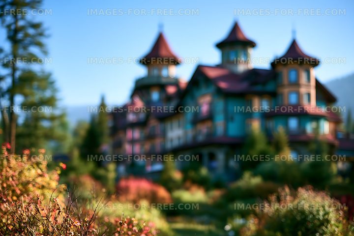 Dreamy blurred house with turrets and garden