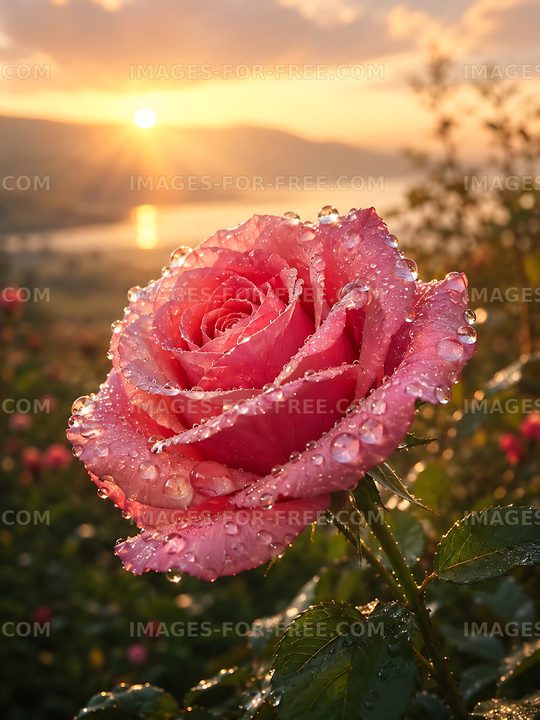 Pink rose with water droplets at sunset