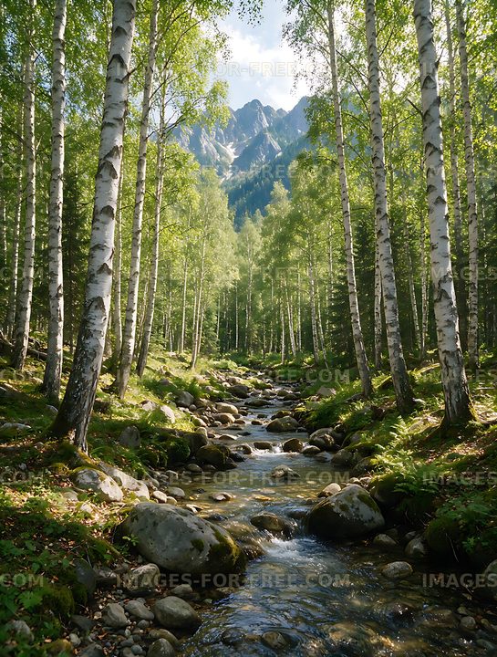 Sunlit birch woodland and mountain stream