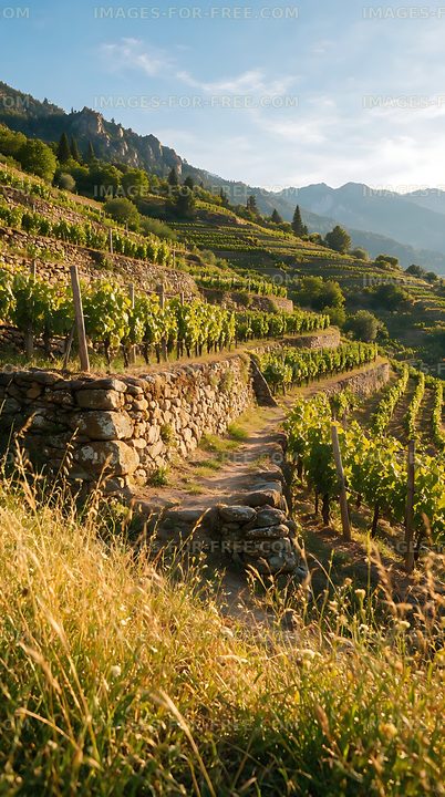 Mountain vineyard terraces with stone walls and a rural path