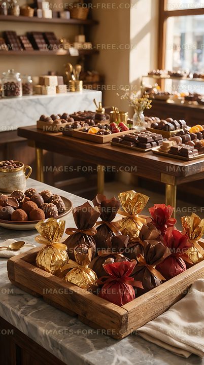 Assorted chocolates and wrapped gifts in a chocolate shop