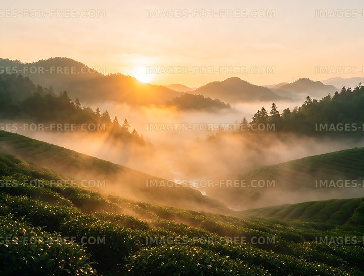 Misty Tea Fields Across a Mountain Valley