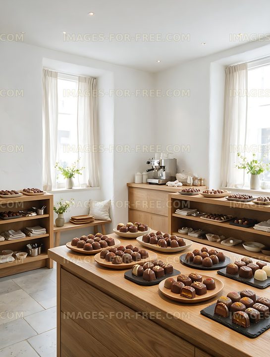Bright chocolate shop interior with pralines and wooden displays