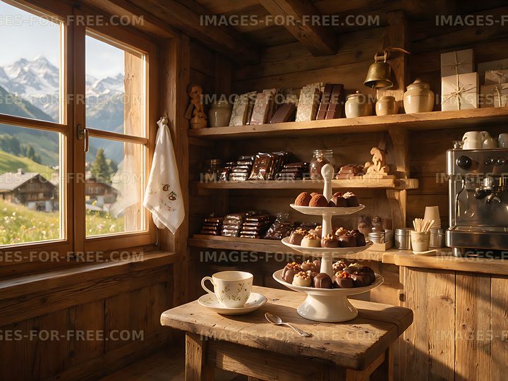 Cozy chocolate shop with alpine mountain scenery