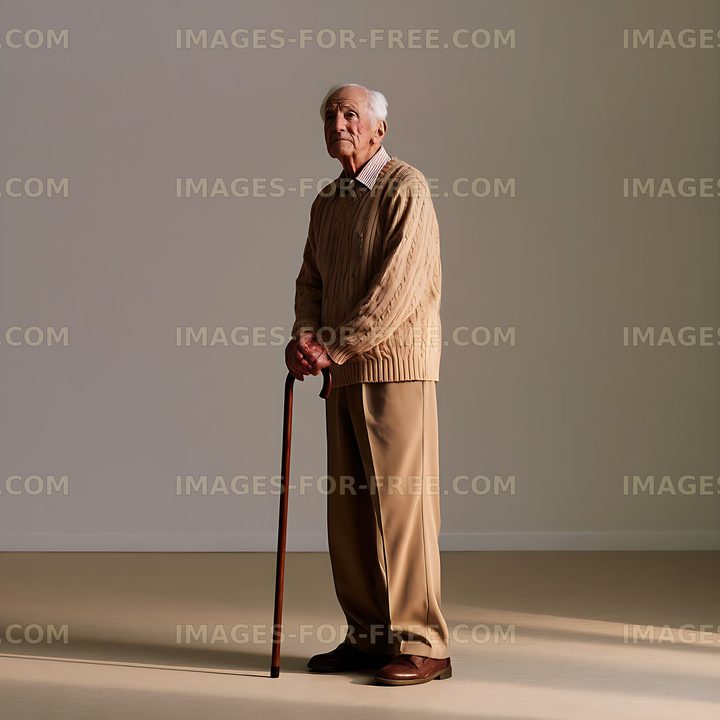 Senior man with walking cane in a softly lit room