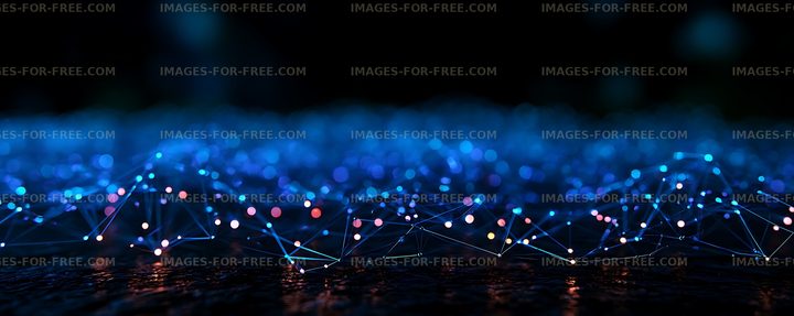 Glowing blue digital network on a dark reflective surface
