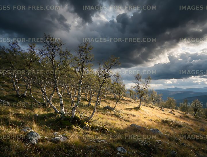 Birch woodland and distant mountains under stormy skies