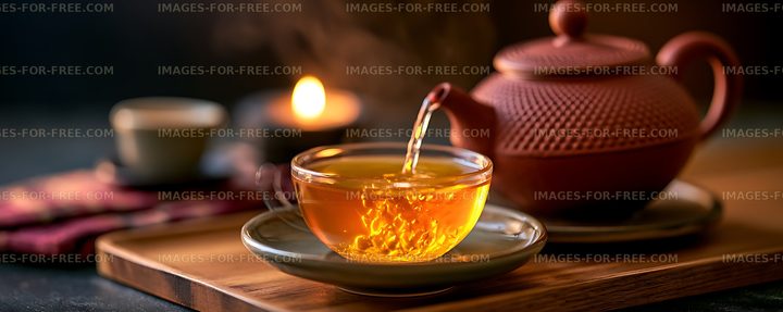 Warm tea pouring into a glass cup beside a teapot