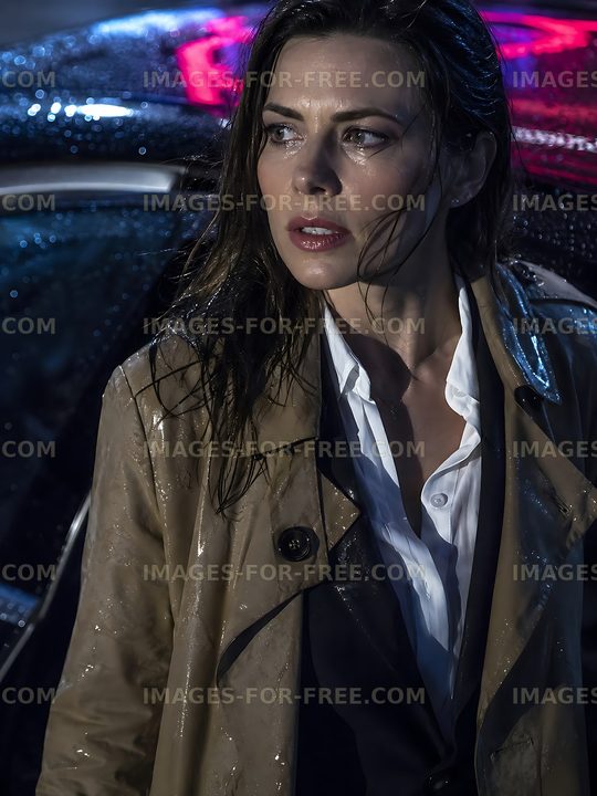 Woman standing in rain near a car at night