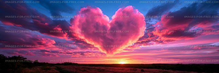 Heart-shaped cloud glowing over a colorful sunset horizon