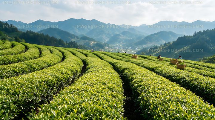 Lush tea fields across a mountain valley