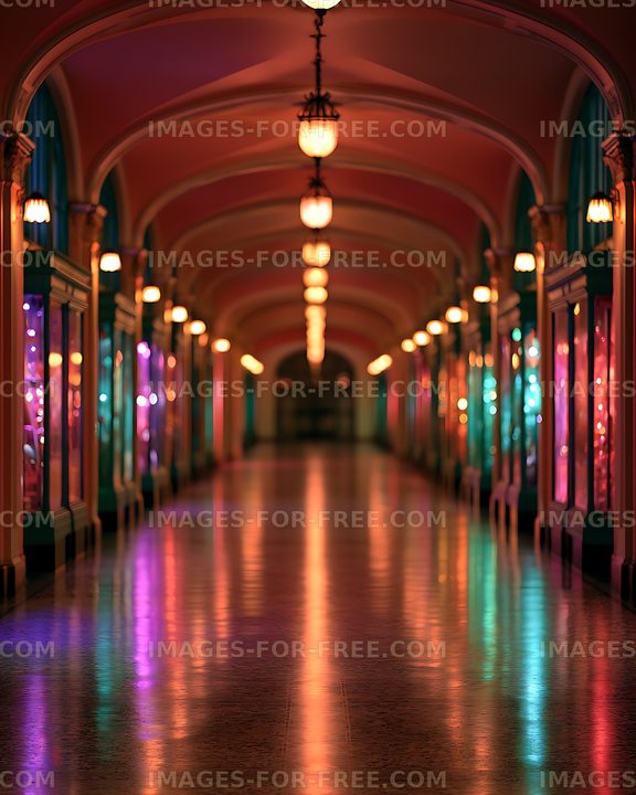 Vibrant arched hallway glowing with colorful lights