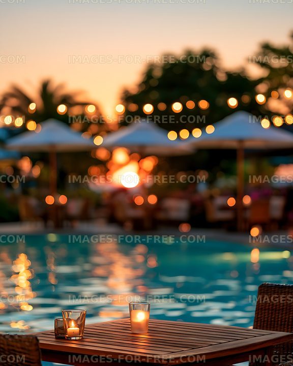 Warm Candlelit Poolside Scene at Sunset
