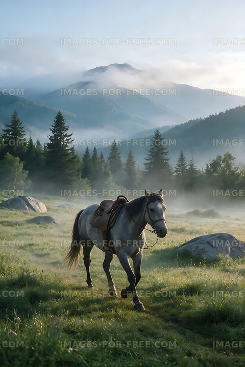 Saddled horse walking in a misty alpine meadow