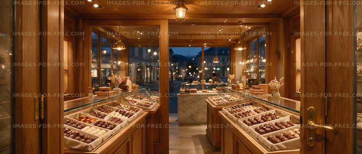 Warm wood chocolate boutique with praline displays