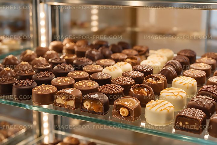 Assorted chocolates in a warmly lit shop display