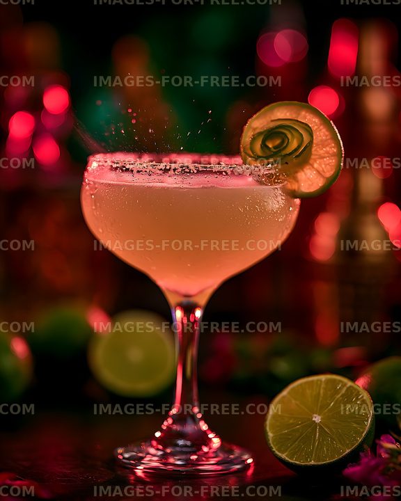Pink cocktail garnished with lime against colorful bokeh