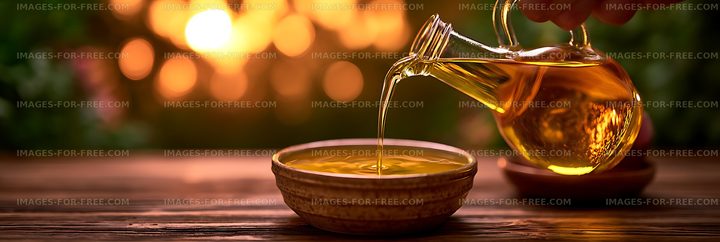 Golden oil pouring into a bowl in warm sunset light