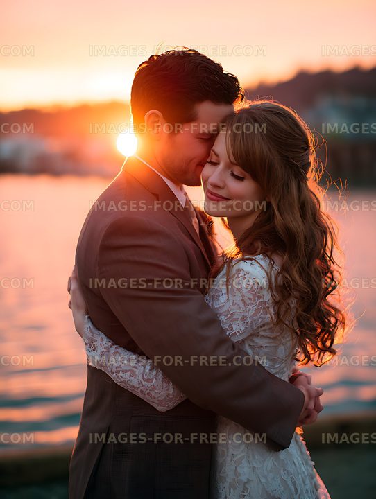 Romantic newlywed couple hugging beside the water at sunset