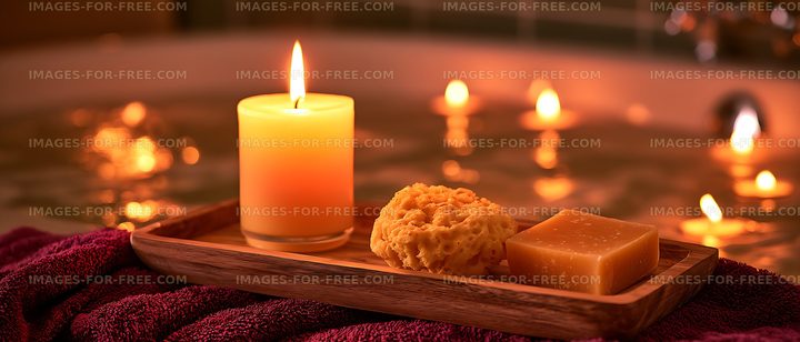 Warm candlelit bath arrangement with soap and sponge