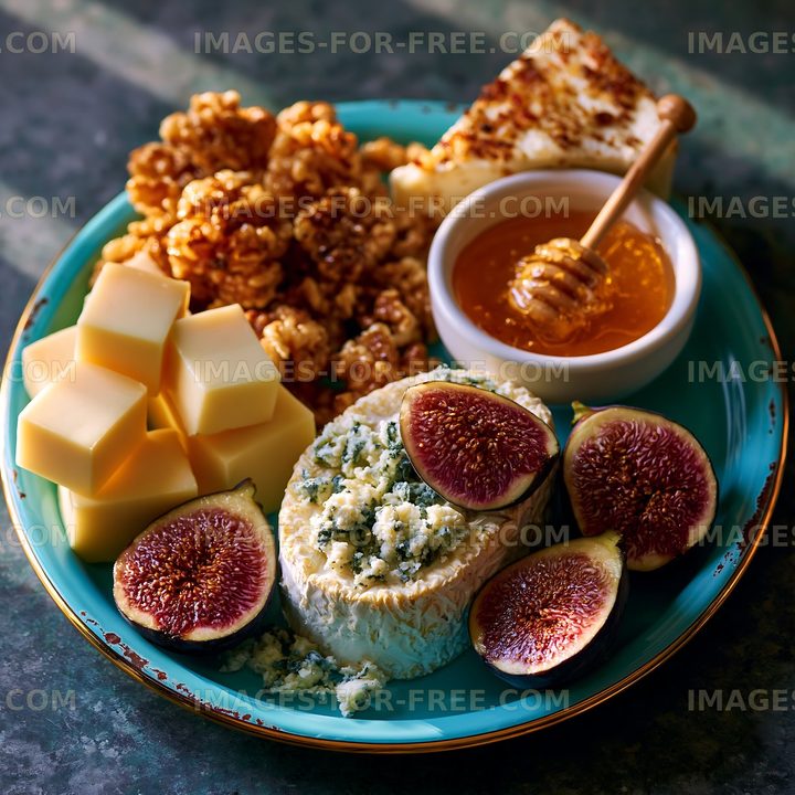Artisan cheese board with fresh figs and honey