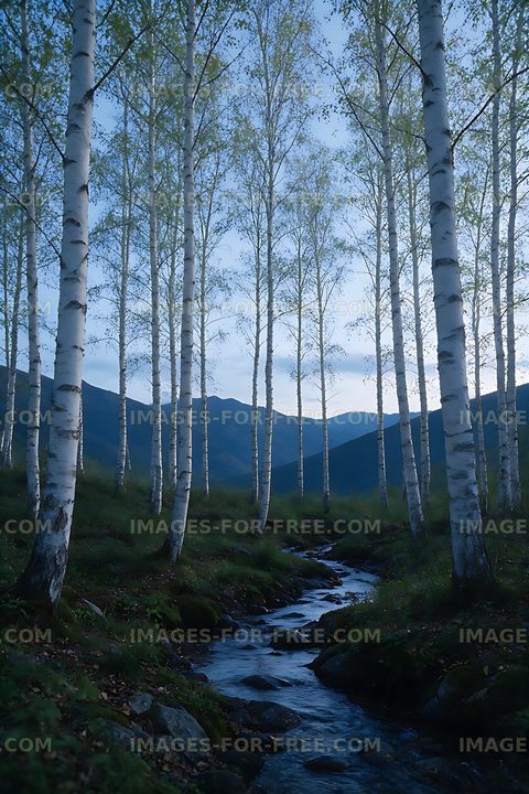 Mountain stream flowing through birch woodland