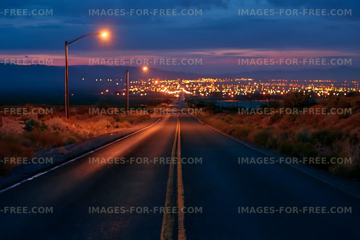 Wet Road and Streetlights Overlooking City Lights