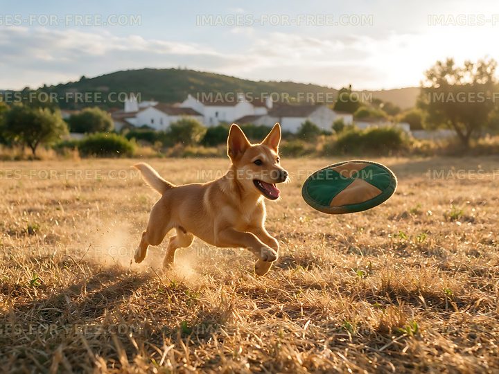 Happy puppy jumping after a toy outdoors