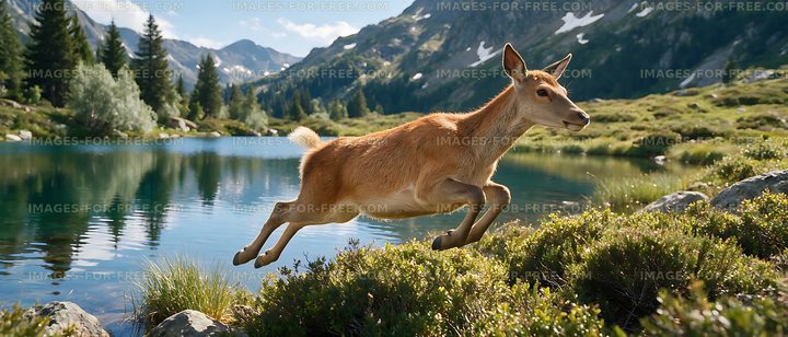 Deer leaping across the shore of a mountain lake