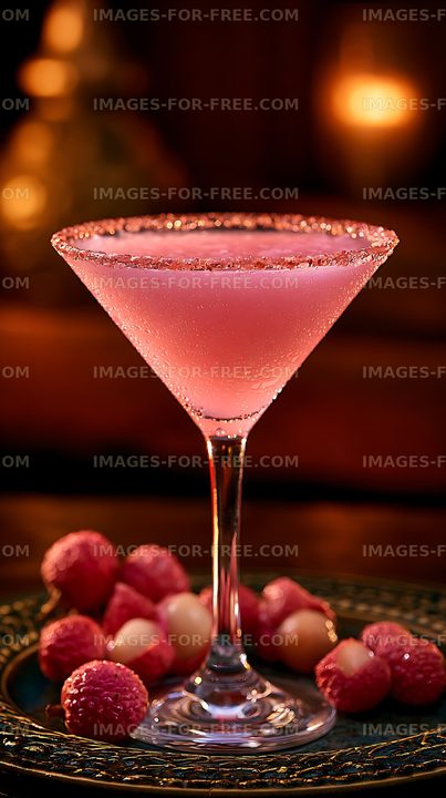 Pink cocktail with sugar rim and lychee fruit