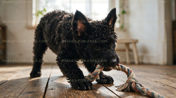 Curly black puppy tugging a braided rope toy