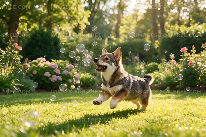 Playful Puppy Chasing Bubbles on a Garden Lawn