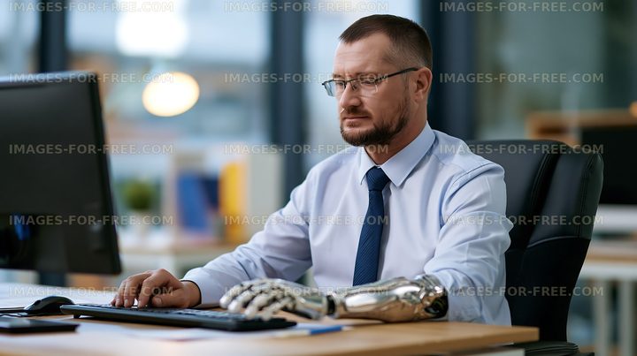 Man working beside a robotic hand at an office computer