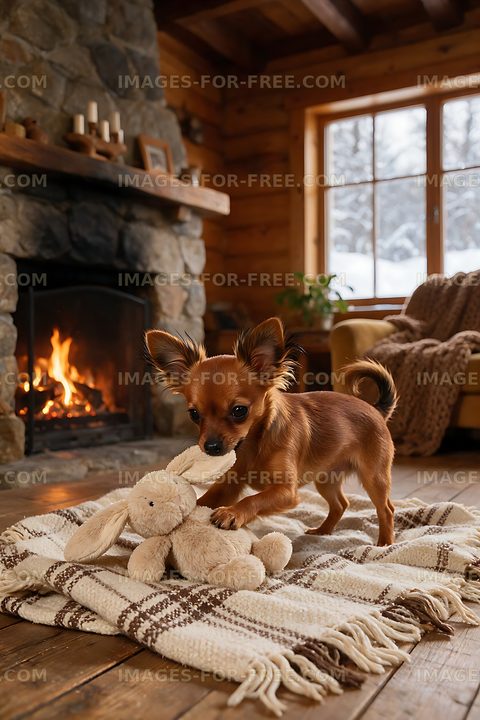 Puppy playing with stuffed toy beside a warm fireplace