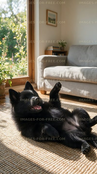 Playful black puppy relaxing on a woven rug indoors