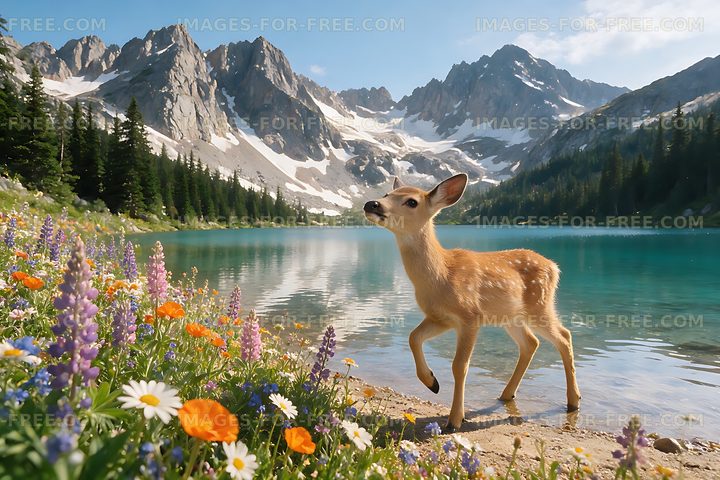 Deer at a turquoise alpine lake beneath snowy mountains