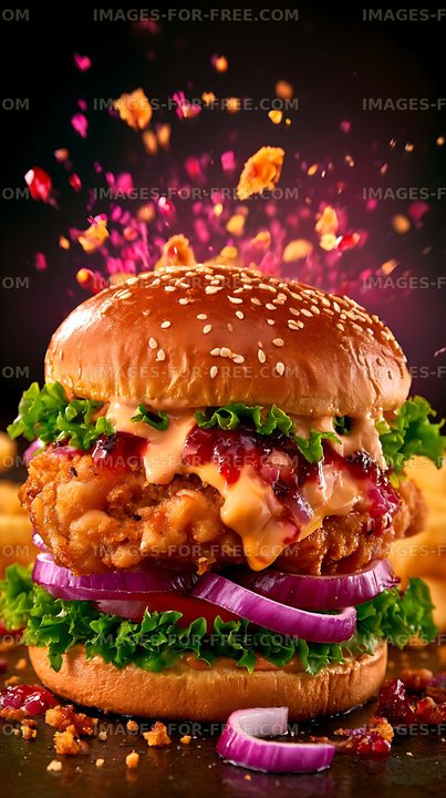 Loaded crispy chicken burger with sesame bun and fresh toppings