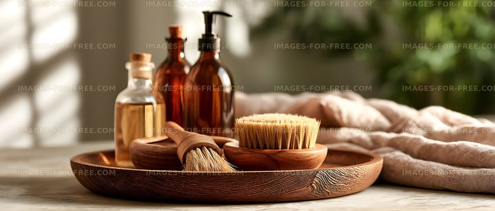 Spa accessories with wooden brushes and amber bottles