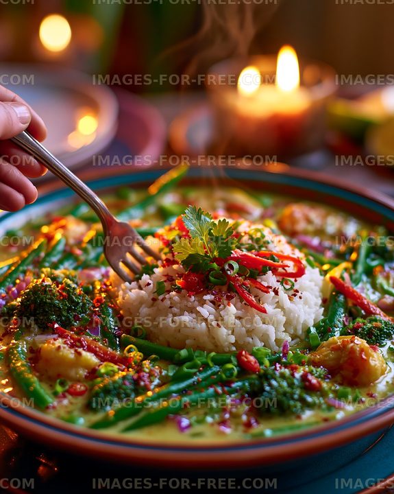 Colorful rice and vegetables with fork and warm candlelight