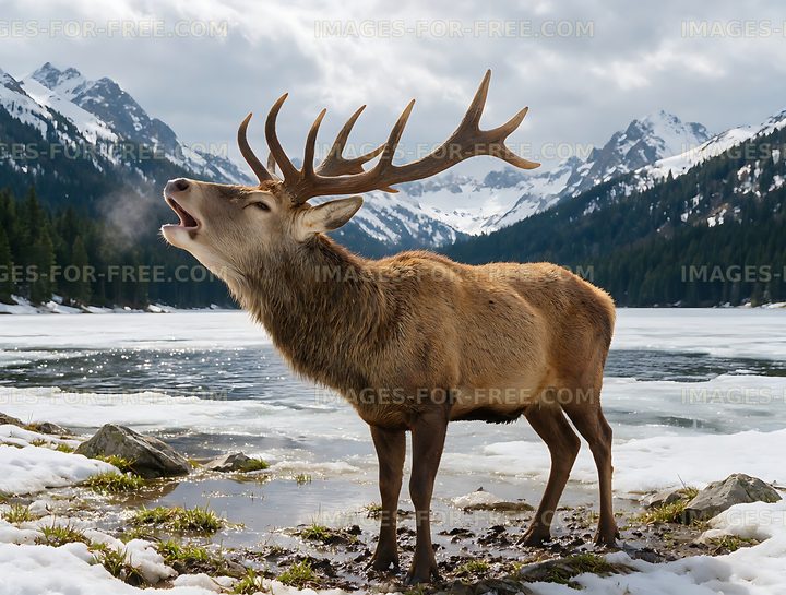 Bull elk standing beside a frozen alpine lake