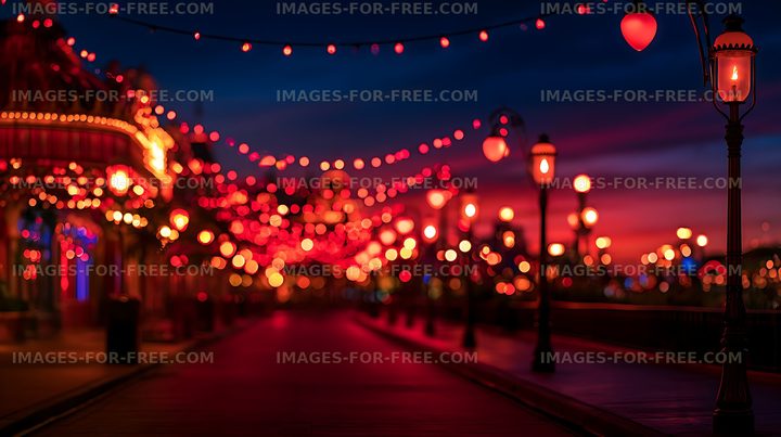 Atmospheric evening walkway illuminated by colorful lights