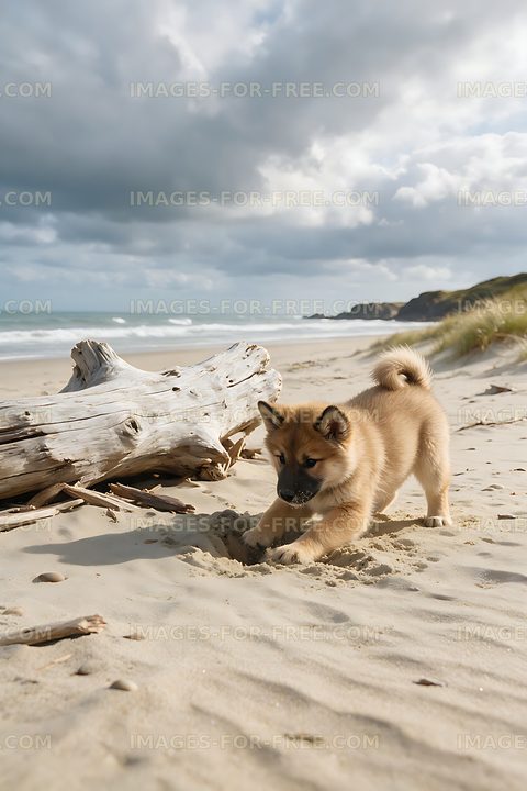 Playful Puppy Digging in Beach Sand