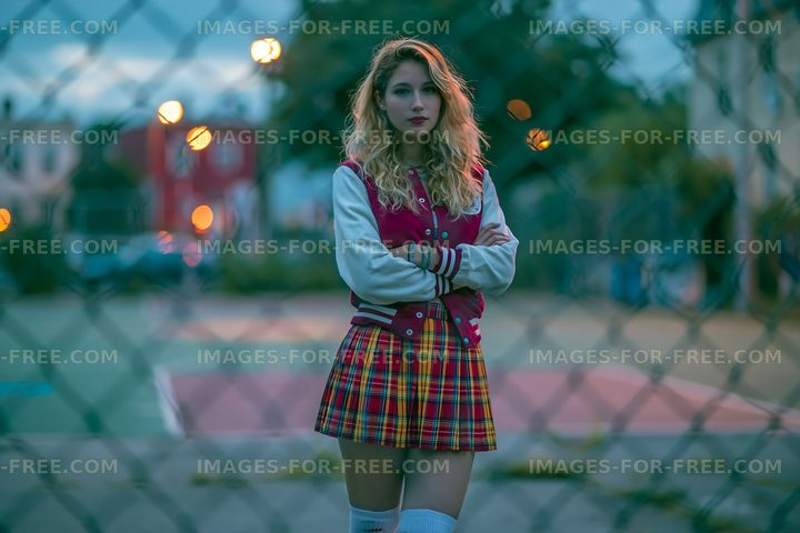 Woman in varsity jacket and plaid skirt behind fence