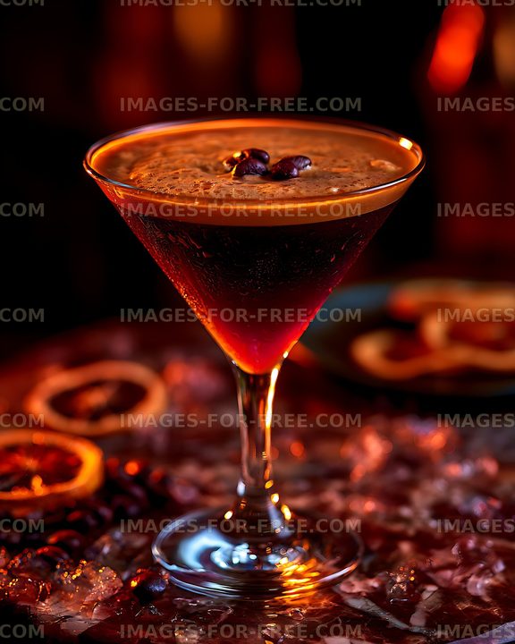 Dark cocktail with coffee beans in a martini glass