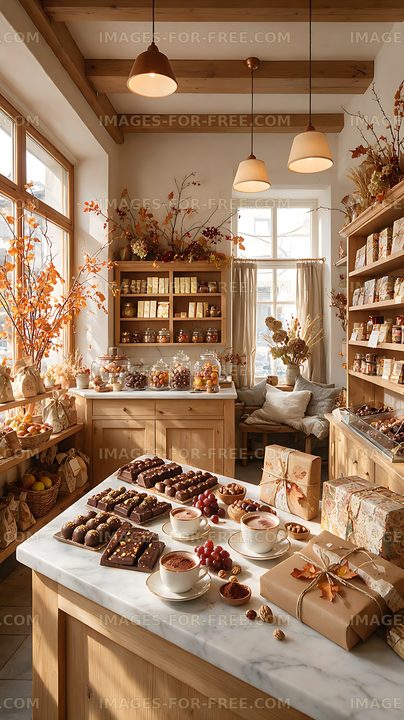 Warm chocolate boutique interior with gift boxes and pralines