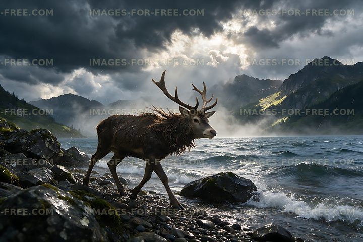 Antlered deer on a rocky alpine lakeshore